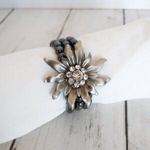 Handmade Floral Beaded Bracelet Hematite Triple Layer Corsage Jewelry Whimsigoth